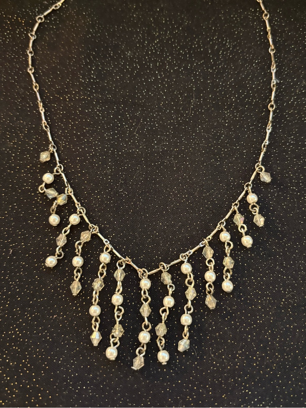 Handmade Pearl and Crystal Fringe Necklace in Silver Tone